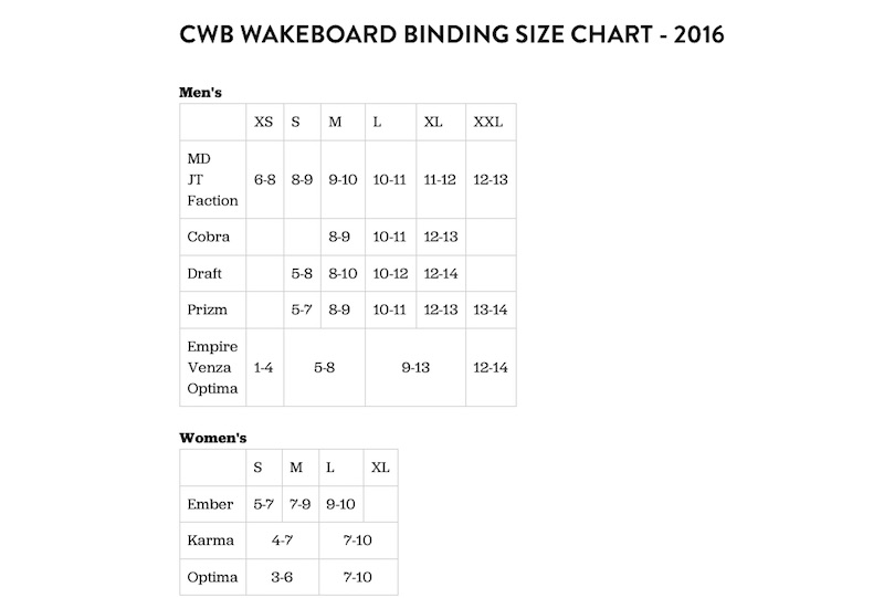Cwb Bindings Size Chart