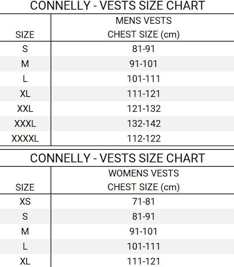 Connelly Life Jacket Size Chart